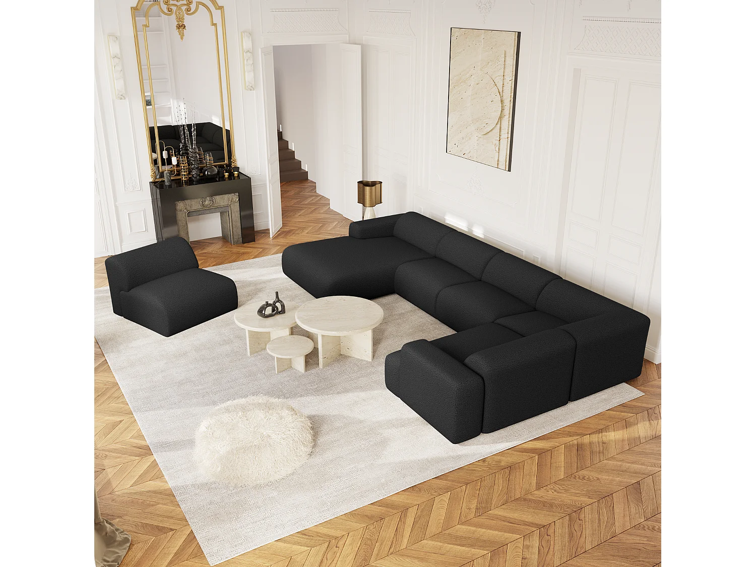 Canapé panoramique 7 places angle gauche bouclette anthracite foncé MYRA