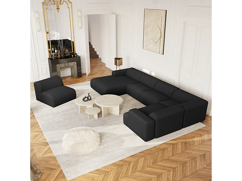 Canapé panoramique 7 places angle gauche bouclette anthracite foncé MYRA