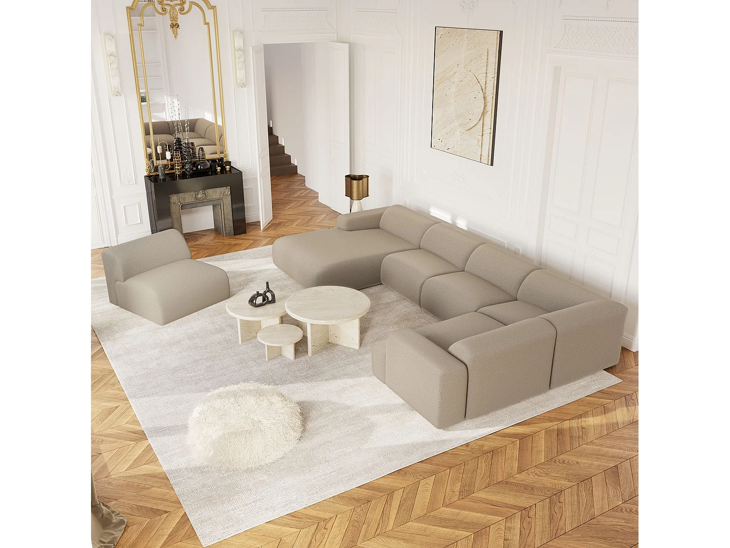 Canapé panoramique 7 places angle gauche en bouclette XXL taupe  MYRA