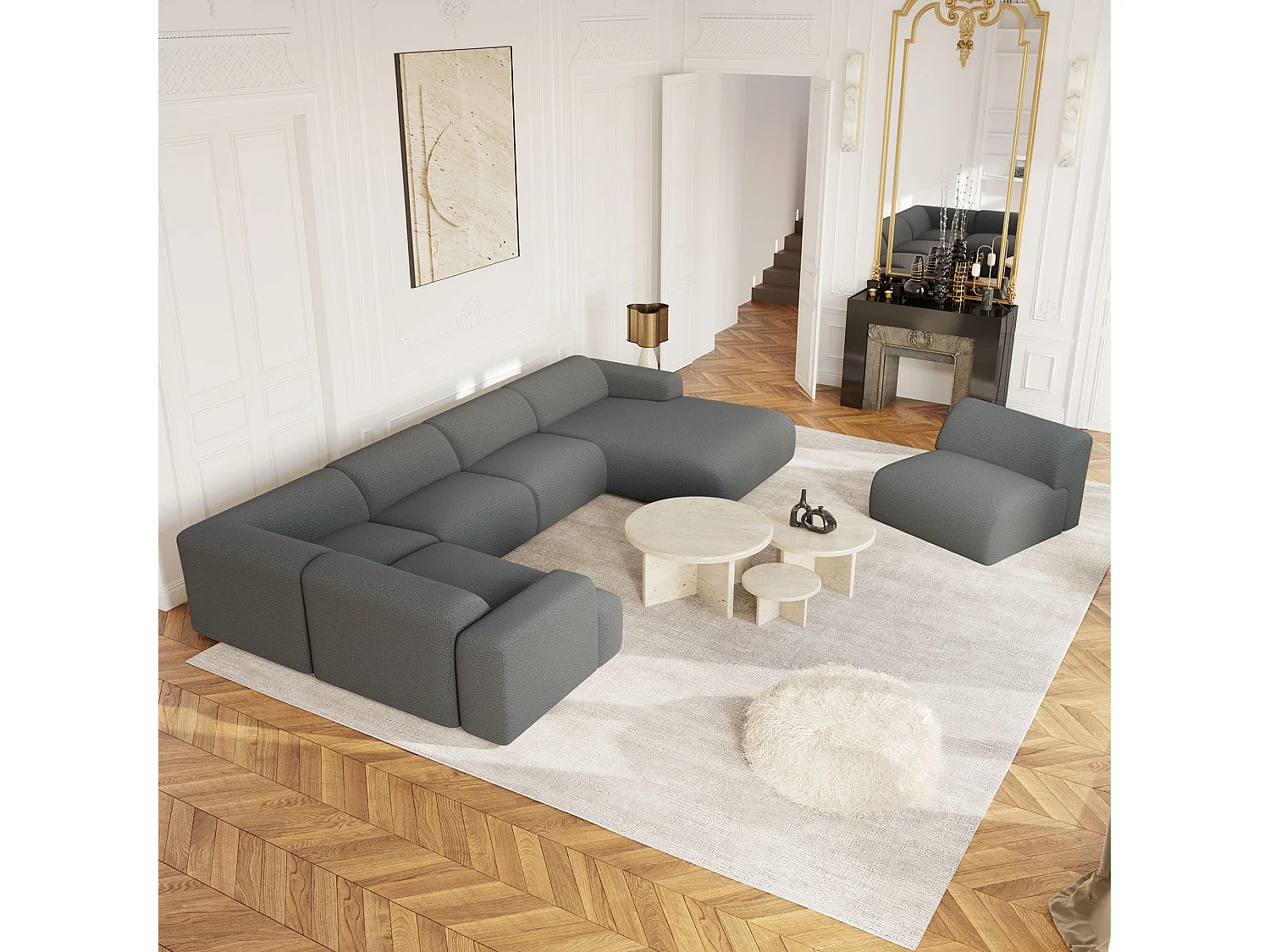 Canapé panoramique 7 places angle droit bouclette XXL gris graphite  MYRA