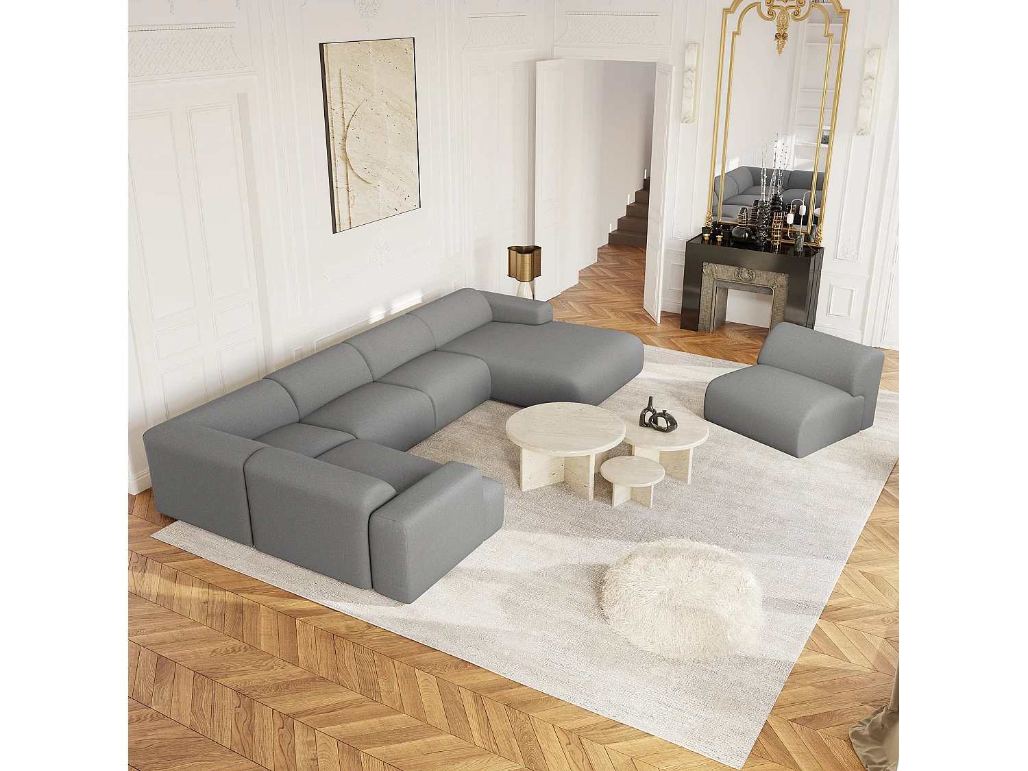 Canapé panoramique 7 places droit tissu tramé gris clair  MYRA