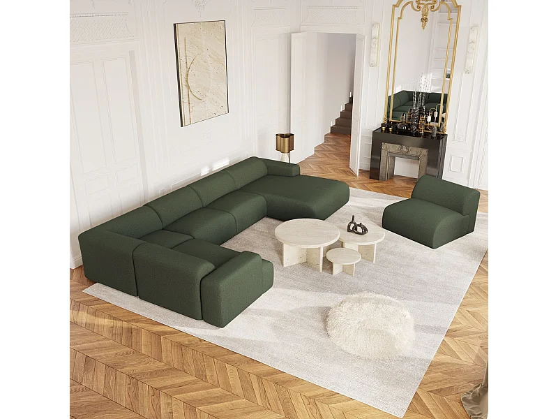 Canapé panoramique 7 places droit tissu tramé vert olive  MYRA