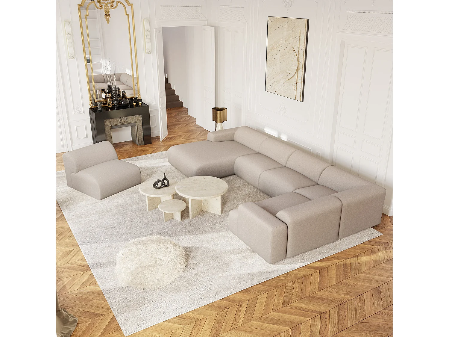 Canapé panoramique 7 places MYRA en tissu tramé beige