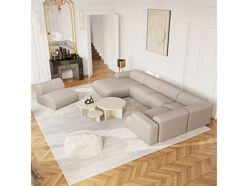 Canapé panoramique 7 places gauche tissu tramé beige MYRA