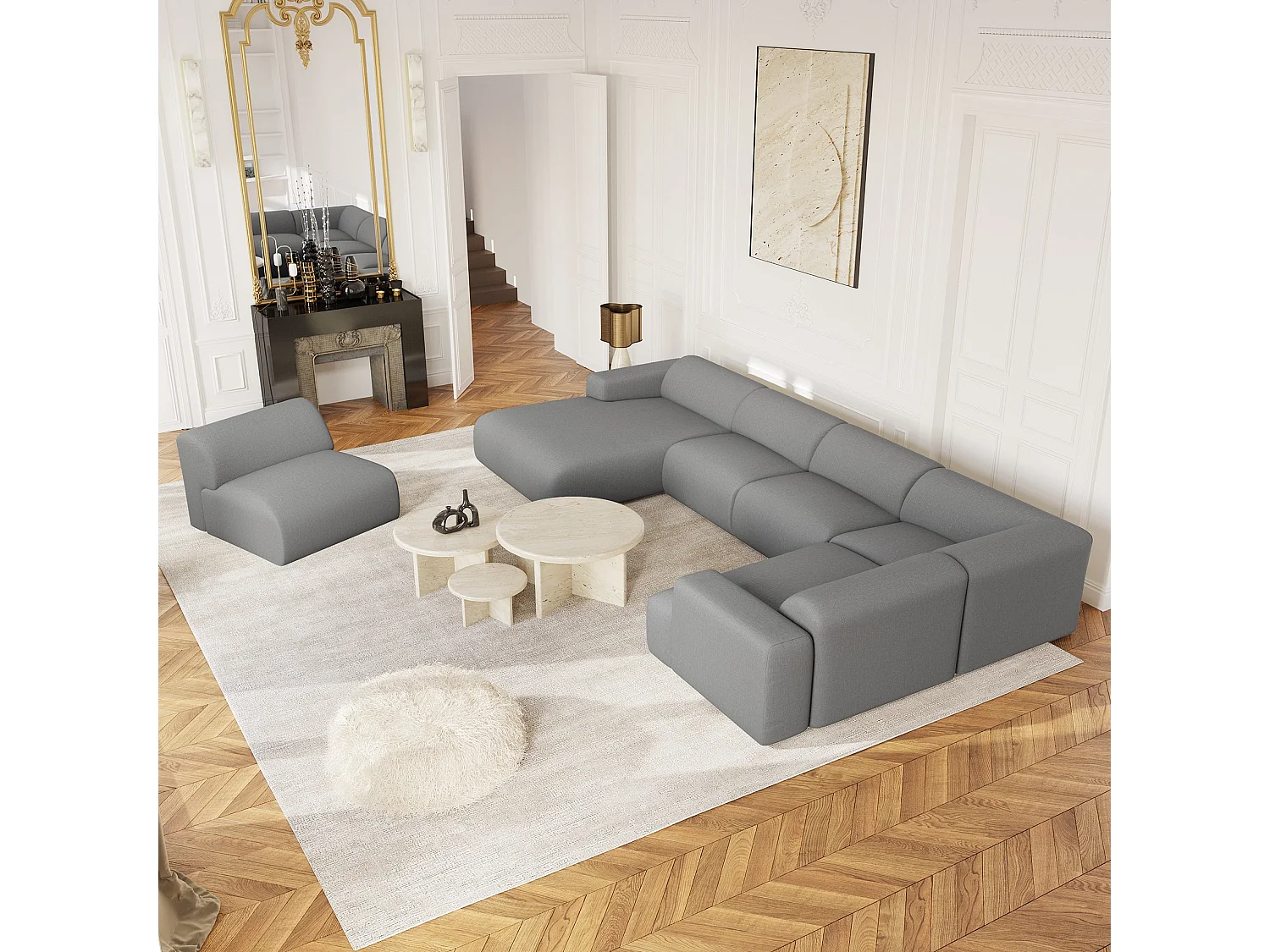 Canapé panoramique 7 places gauche tissu tramé gris clair  MYRA