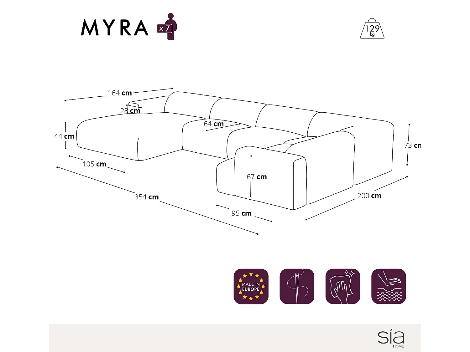 Canapé panoramique 7 places MYRA en tissu tramé gris clair