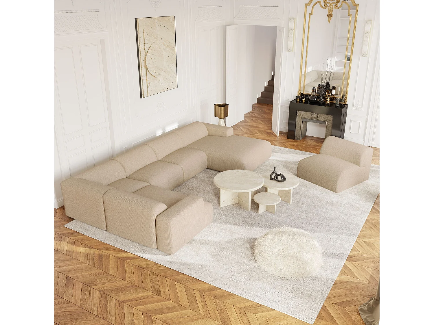 Canapé panoramique 7 places droit velours côtelé beige  MYRA