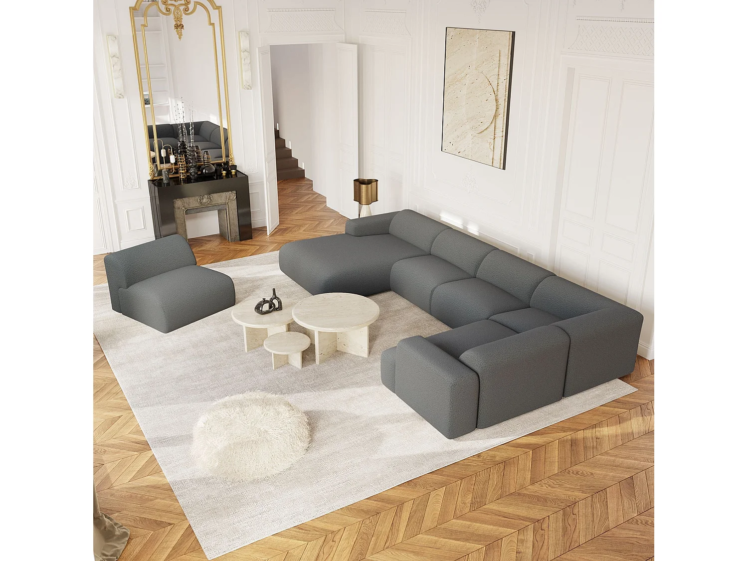 Canapé panoramique 7 places angle gauche bouclette XXL gris  MYRA