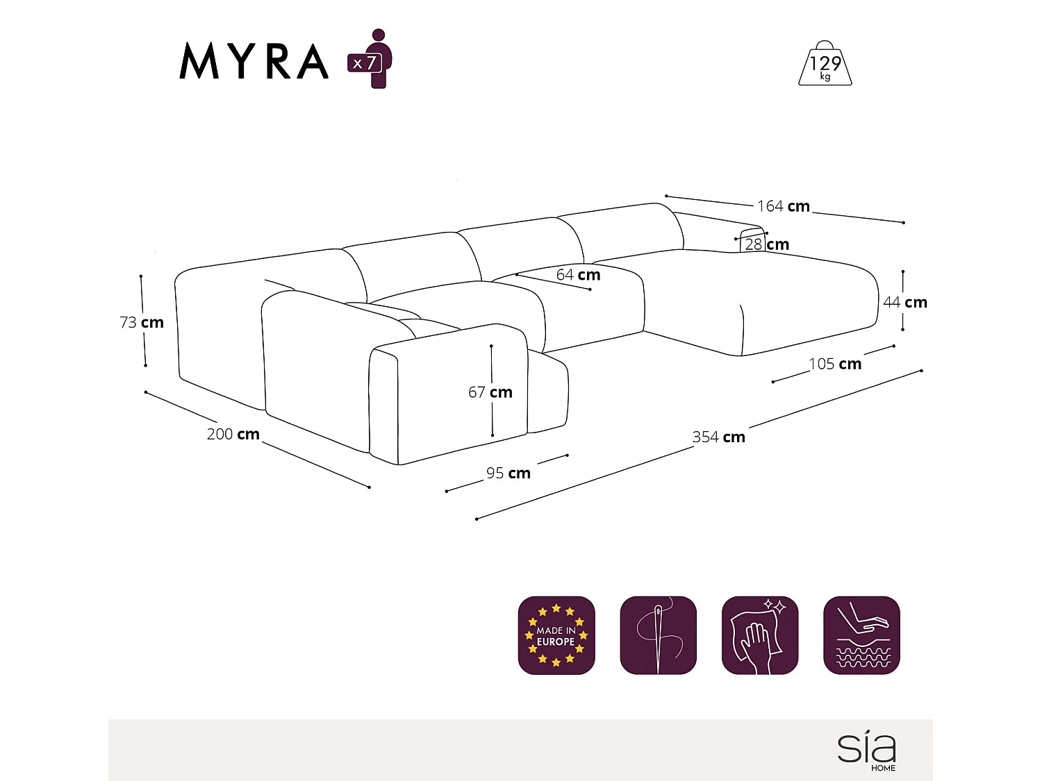 Canapé panoramique 7 places droit tissu tramé beige  MYRA