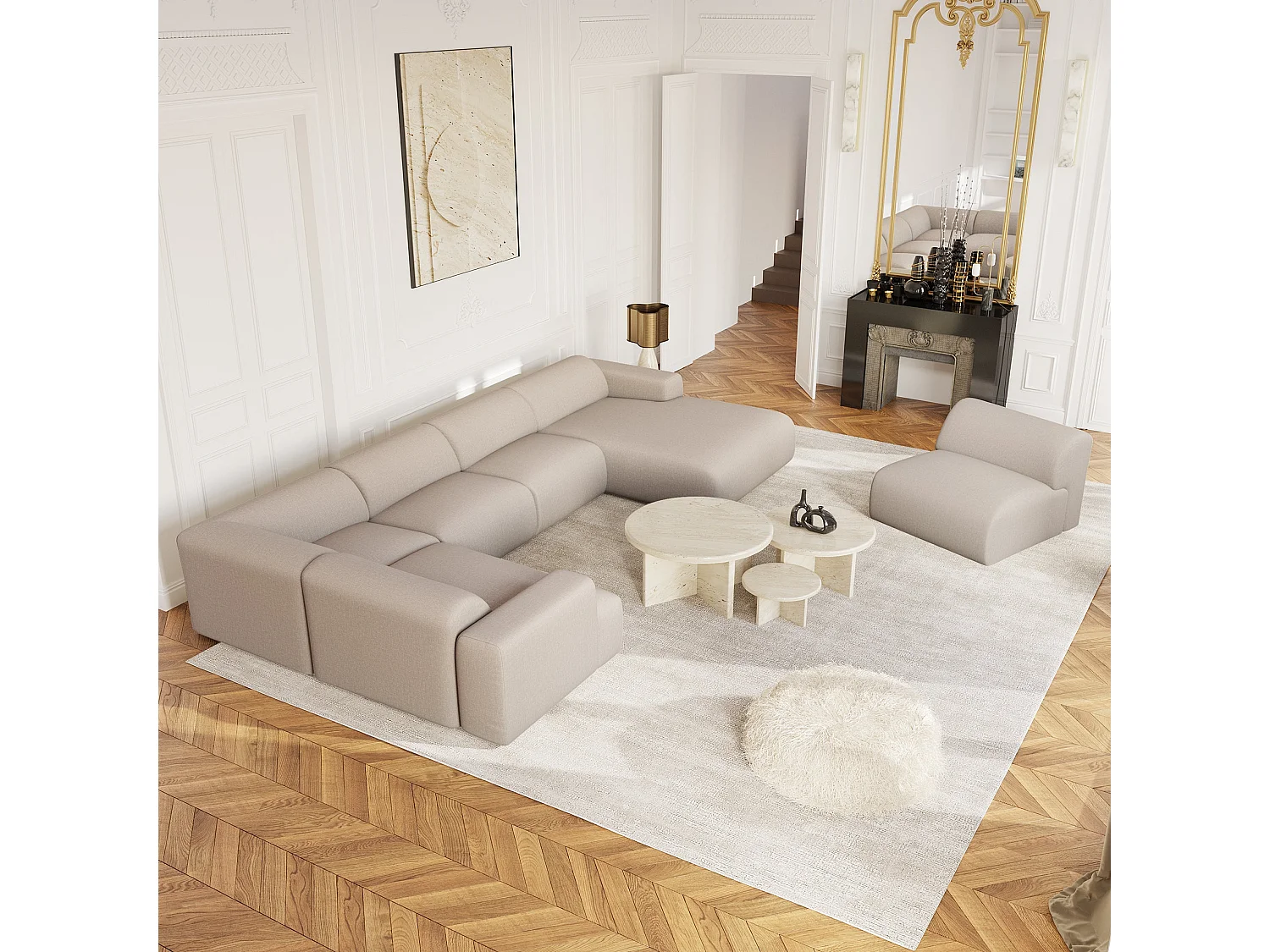 Canapé panoramique 7 places MYRA en tissu tramé beige