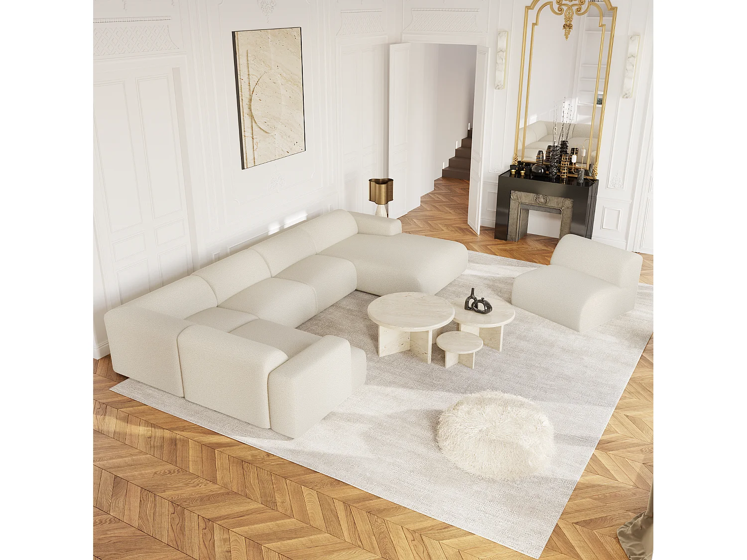 Canapé panoramique 7 places angle droit en bouclette XXL crème  MYRA