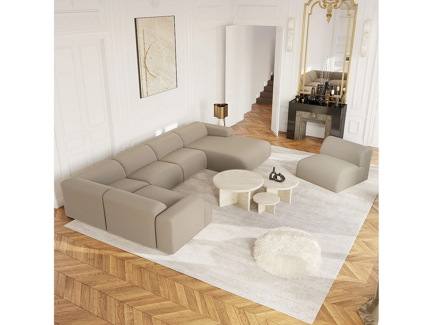 Canapé panoramique 7 places angle droit en bouclette XXL taupe  MYRA