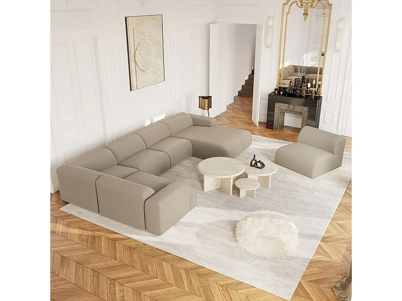 Canapé panoramique 7 places angle droit en bouclette XXL taupe  MYRA