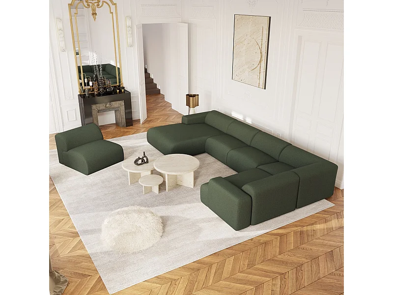 Canapé panoramique 7 places gauche tissu tramé vert olive  MYRA