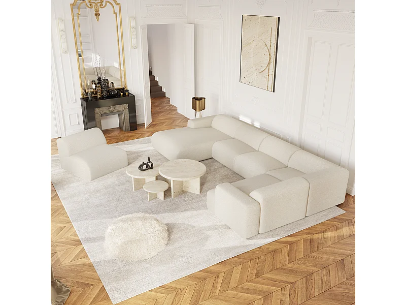 Canapé panoramique 7 places angle gauche en bouclette XXL crème  MYRA