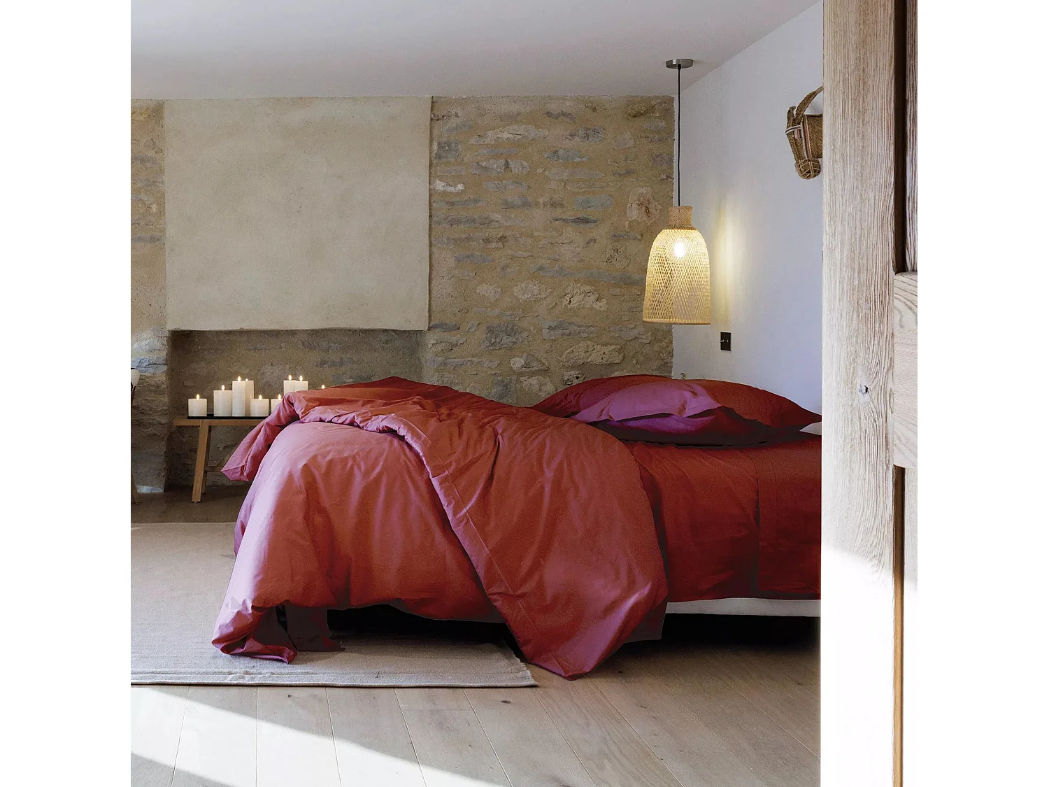 Parure de lit 280x240 cm et taie 65x65 cm percale MANOIR rose Pêche