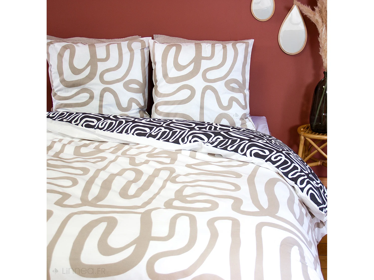 Parure de lit 240x220 cm pur coton collection SIDNIE blanc motif abstrait 3 pièces