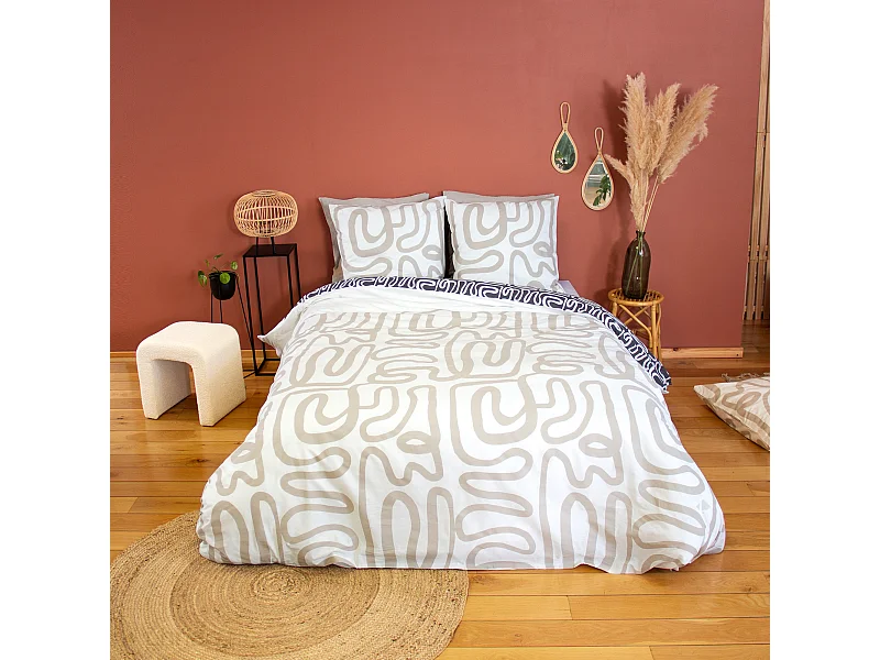 Parure de lit 240x220 cm pur coton collection SIDNIE blanc motif abstrait 3 pièces