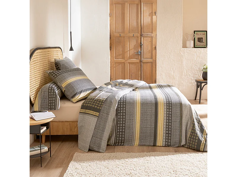 Parure de drap 3 pièces : drap 280x300 cm taies 65x65 cm 100% flanelle de coton JULES gris/jaune