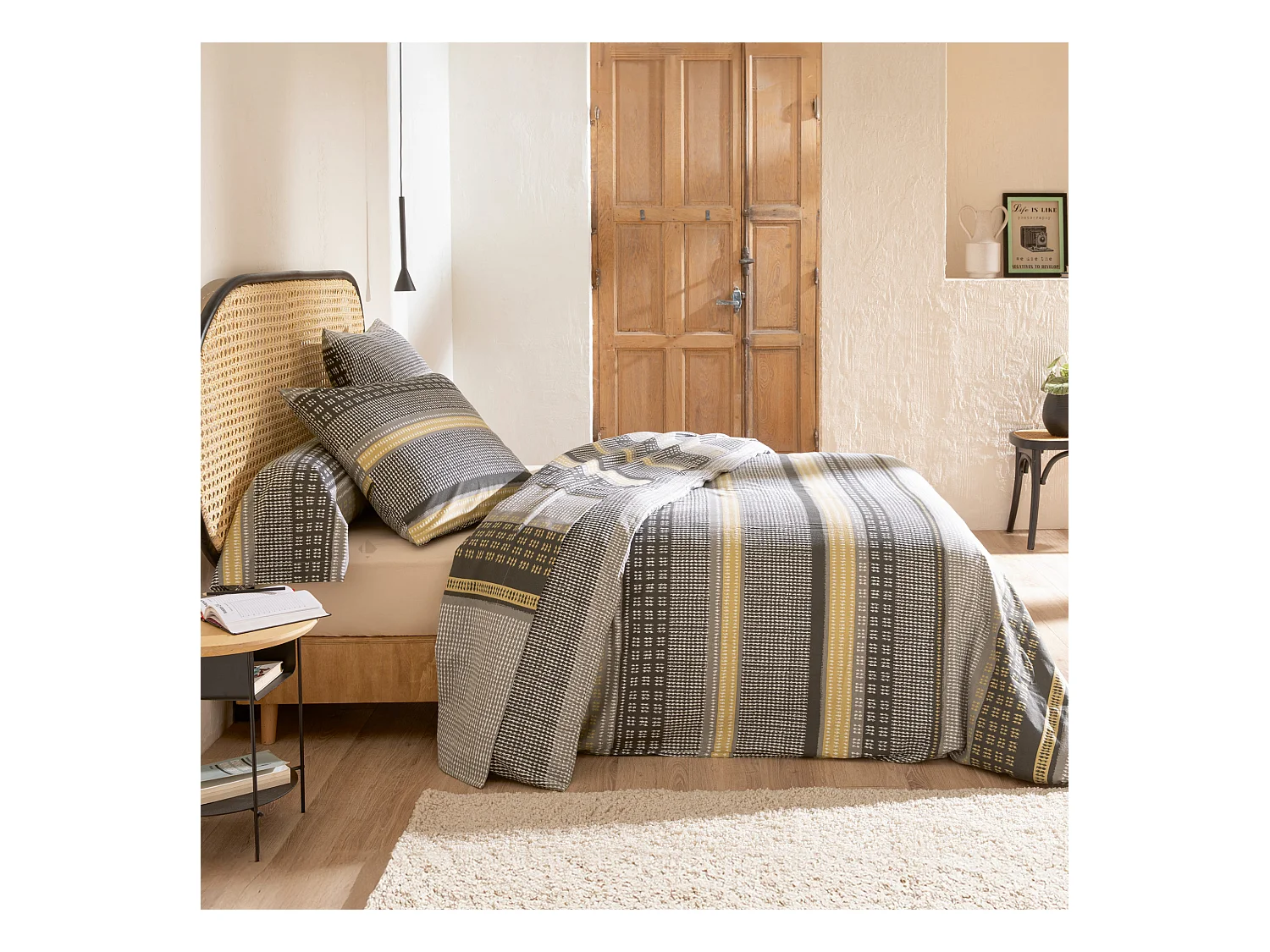 Parure de drap 3 pièces : drap 280x300 cm taies 65x65 cm 100% flanelle de coton JULES gris/jaune