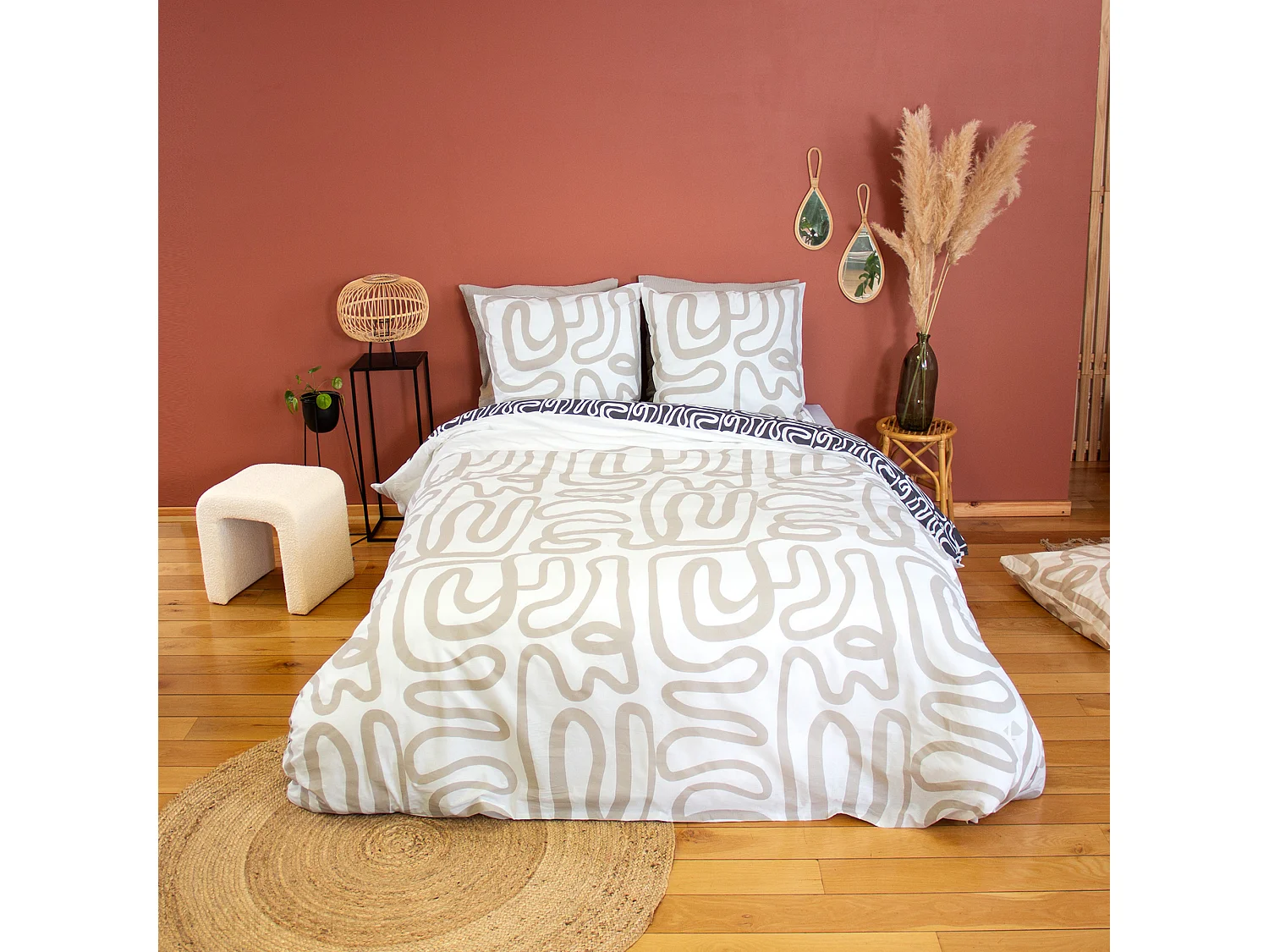 Parure de lit 260x240 cm pur coton collection SIDNIE blanc motif abstrait 3 pièces