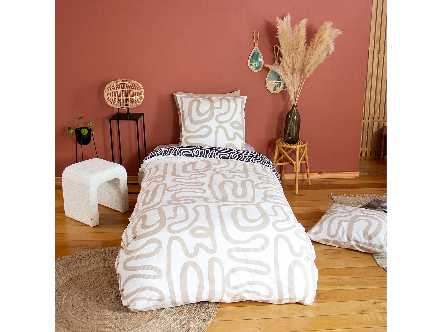 Parure de lit 140x200 cm pur coton collection SIDNIE blanc motif abstrait 2 pièces