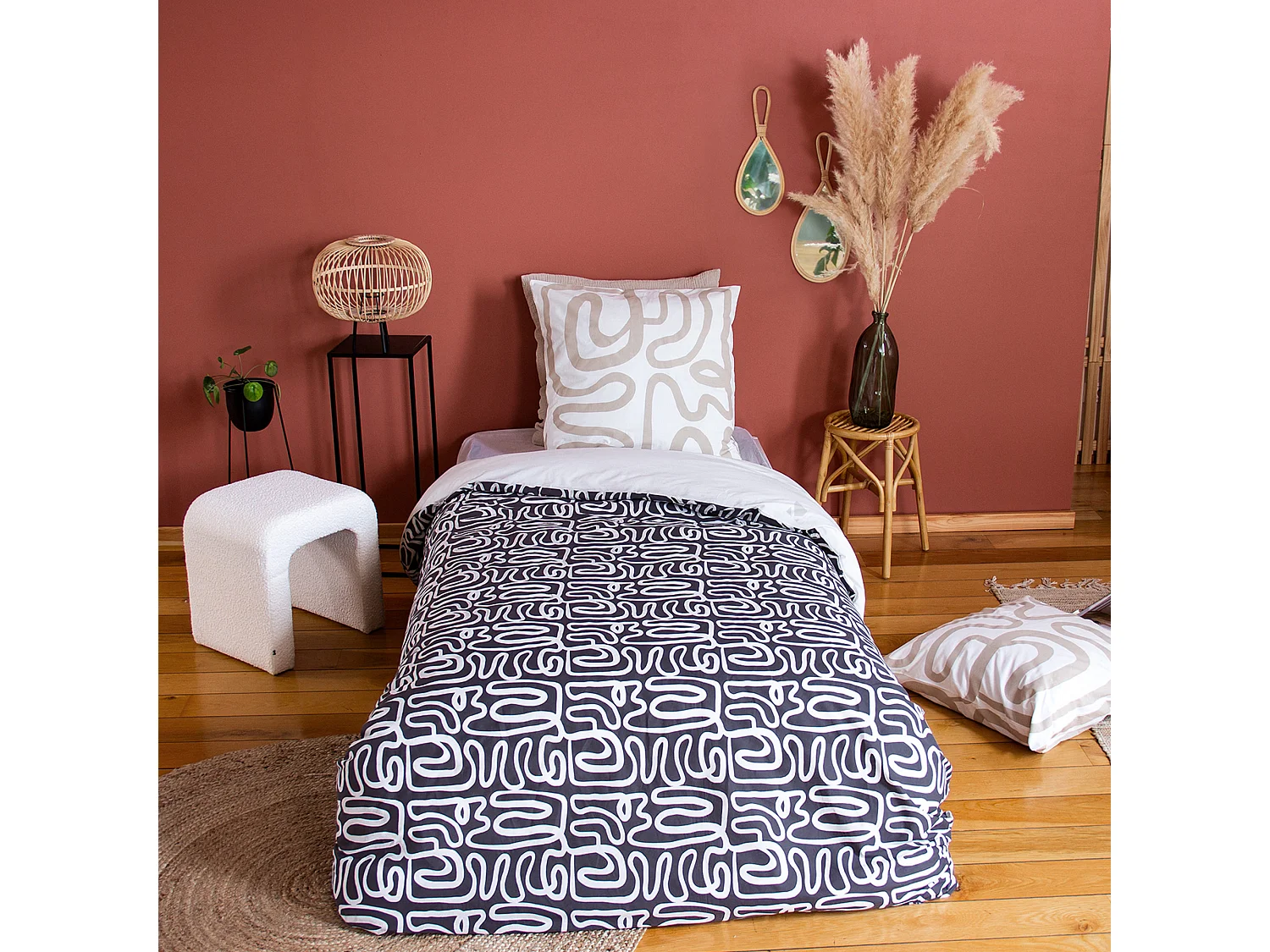 Parure de lit 140x200 cm pur coton collection SIDNIE blanc motif abstrait 2 pièces