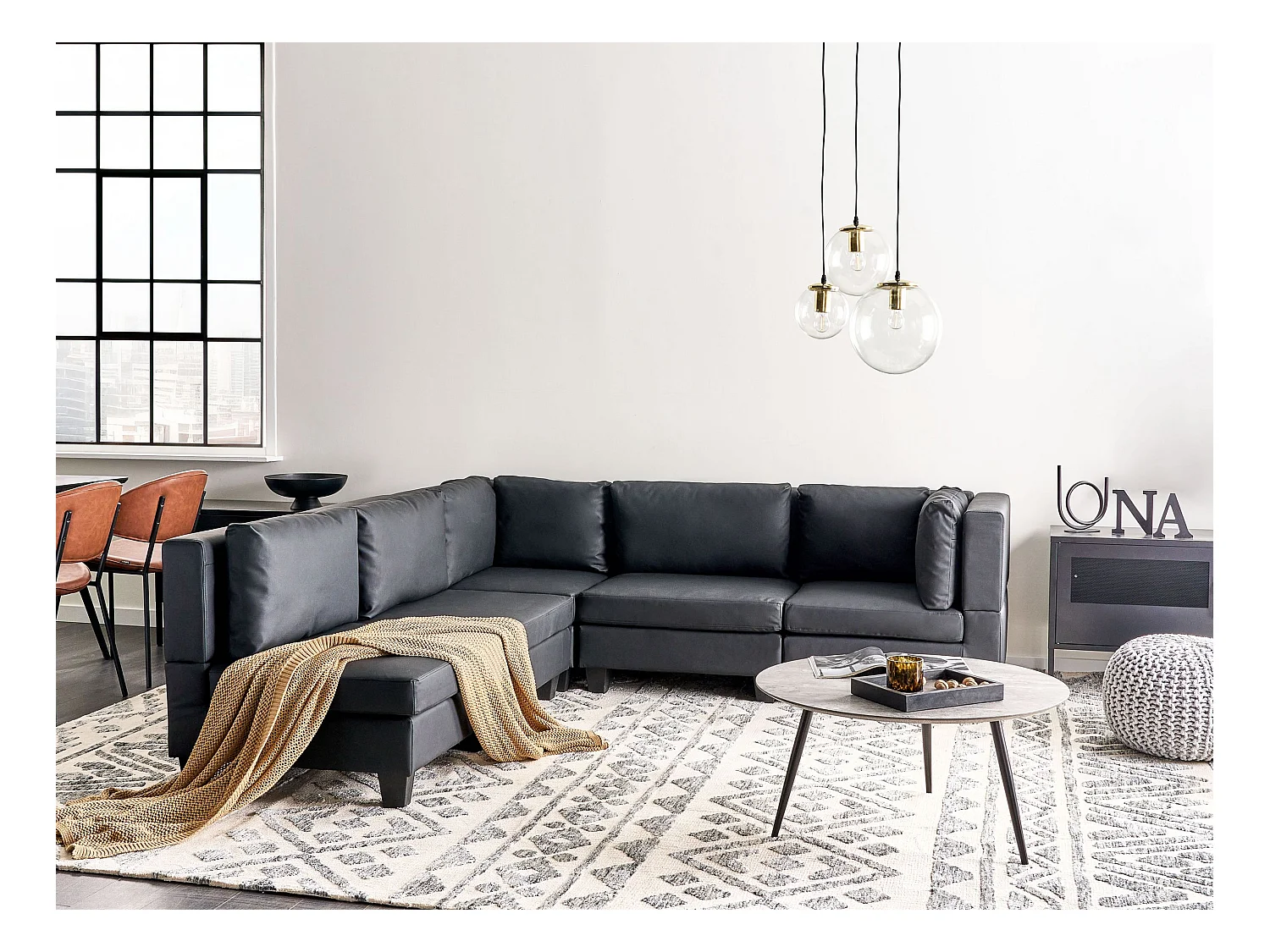 Modul Ecksofa UNSTAD Kunstleder Schwarz 5-Sitzer rechtsseitig