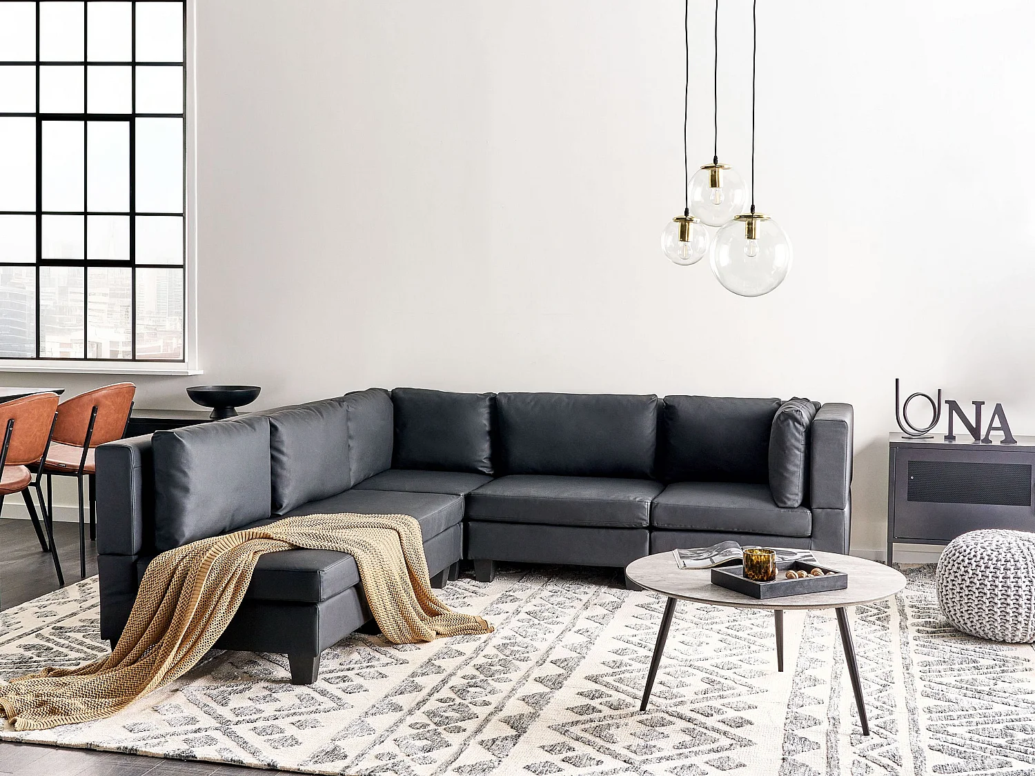 Modulaire hoekbank UNSTAD Kunstleer Zwart 5-zitter Rechterzijde