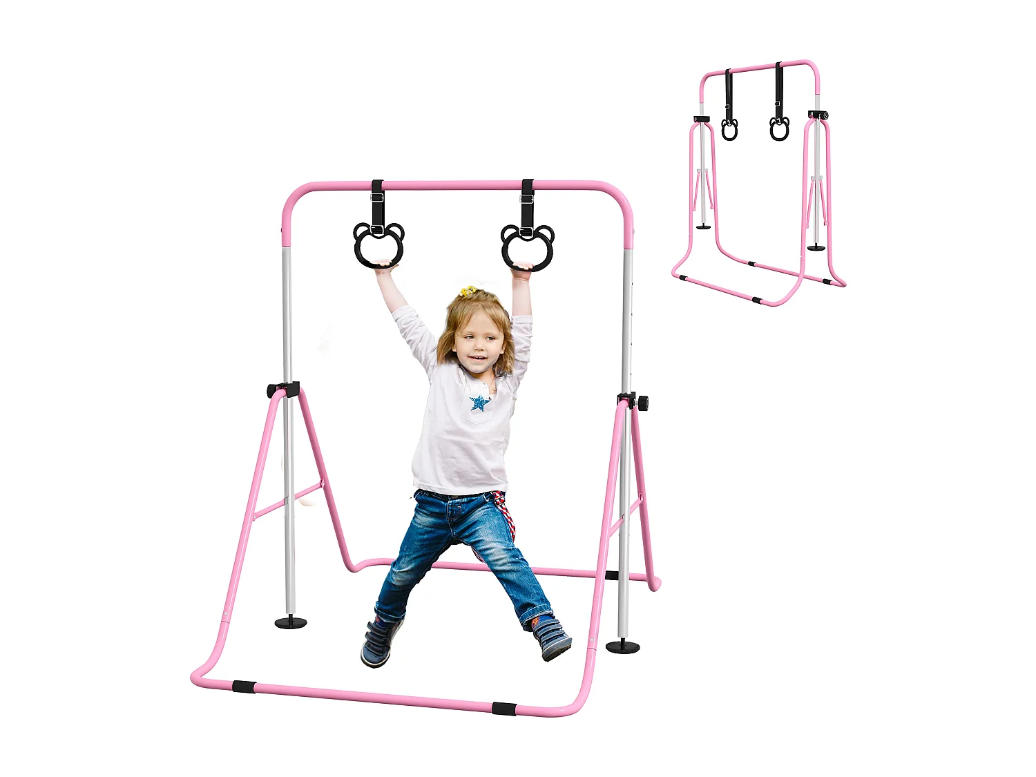 Portique d'anneaux double haubanage hauteur réglable dim. 148L x 105l x 88-128H cm acier rose