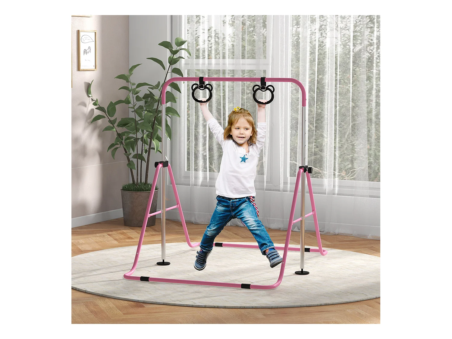 Portique d'anneaux double haubanage hauteur réglable dim. 148L x 105l x 88-128H cm acier rose