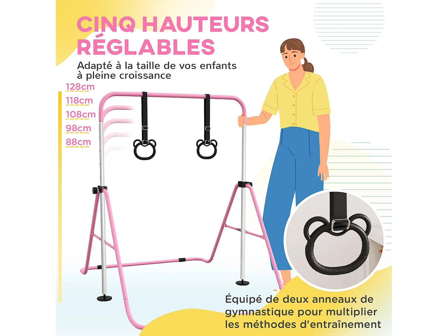 Portique d'anneaux double haubanage hauteur réglable dim. 148L x 105l x 88-128H cm acier rose