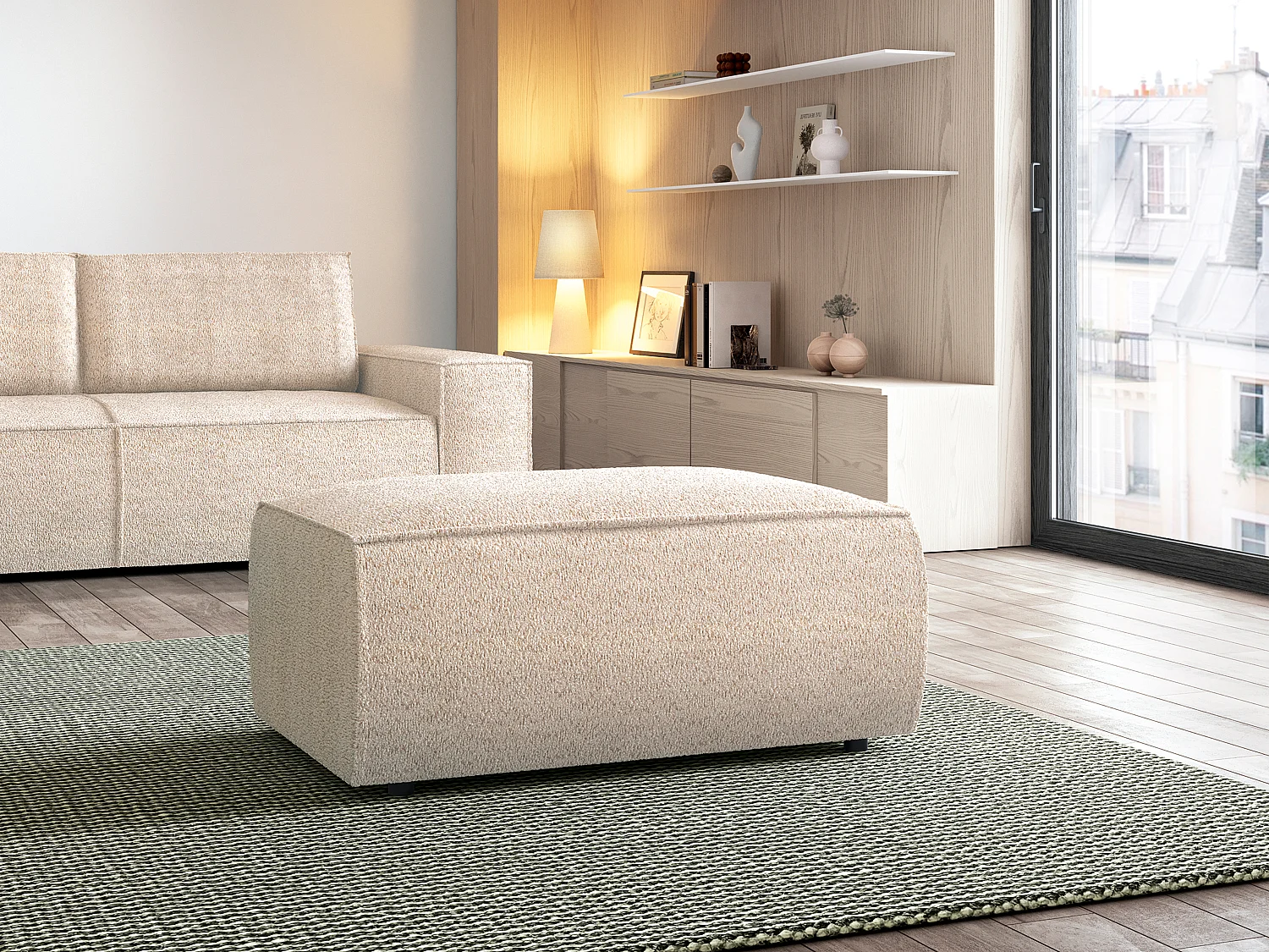 Pouf en tissu bouclette beige AMELIA