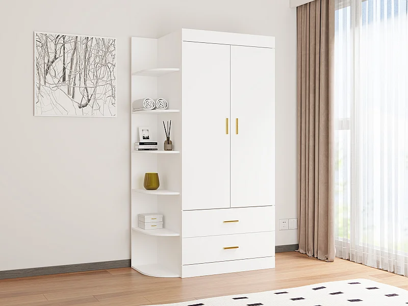 Armoire 2 portes 2 tiroirs et 6 étagères - L100 cm - Blanc et doré - GRIMORI