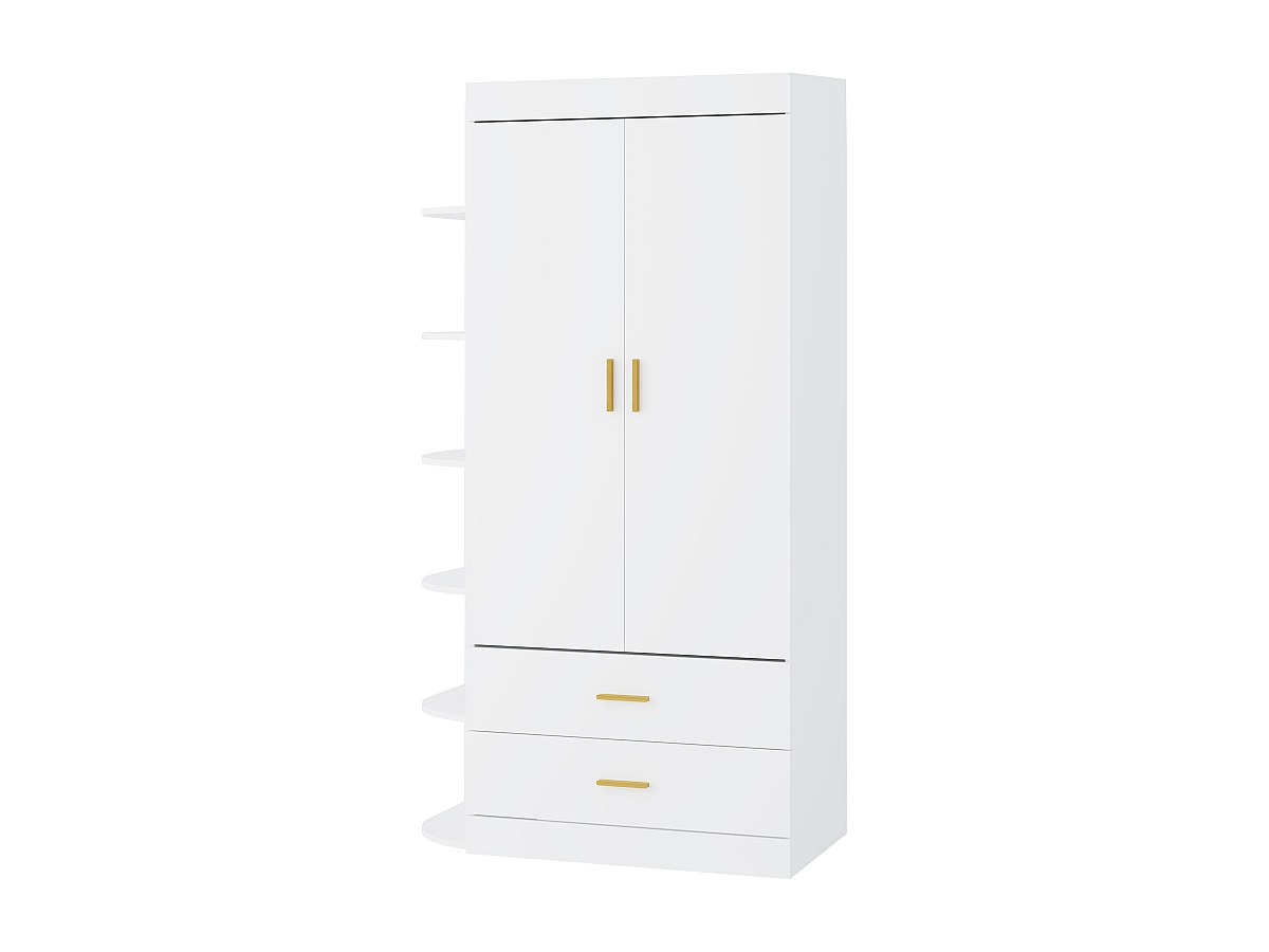 Kleiderschrank - 2 Türen, 2 Schubladen, 6 Regale - L100 cm - Weiß & Gold - günstig online kaufen