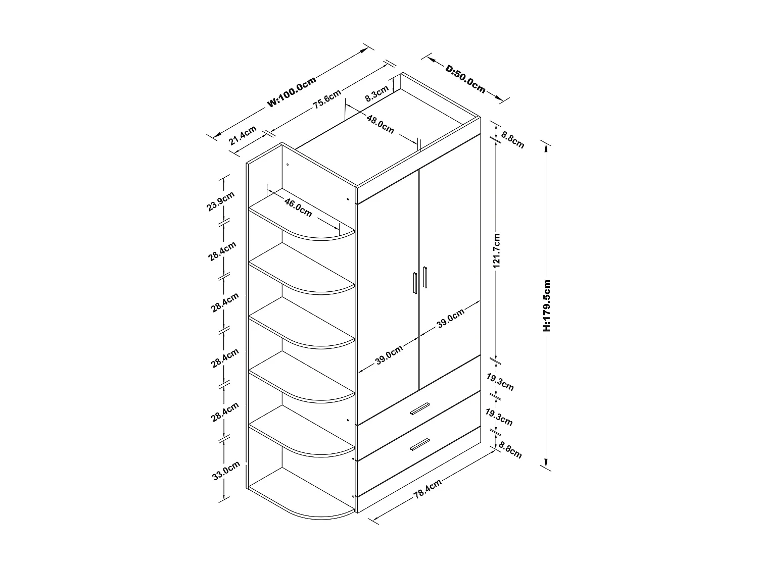 Armoire 2 portes 2 tiroirs et 6 étagères - L100 cm - Blanc et doré - GRIMORI