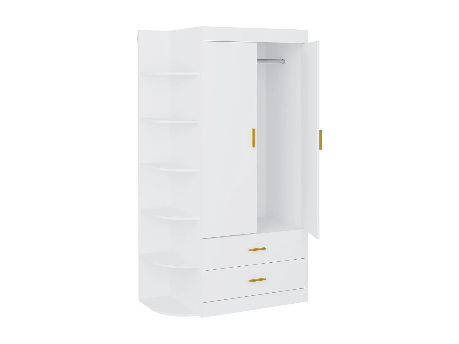 Armoire 2 portes 2 tiroirs et 6 étagères - L100 cm - Blanc et doré - GRIMORI
