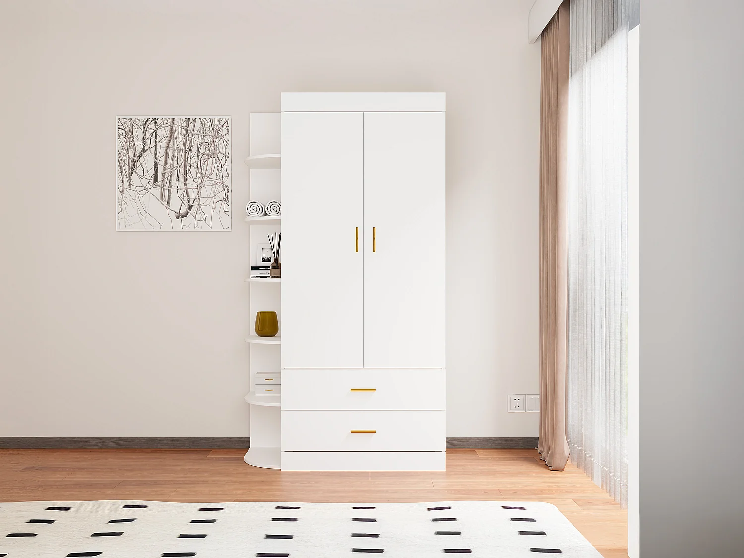 Armoire 2 portes 2 tiroirs et 6 étagères - L100 cm - Blanc et doré - GRIMORI