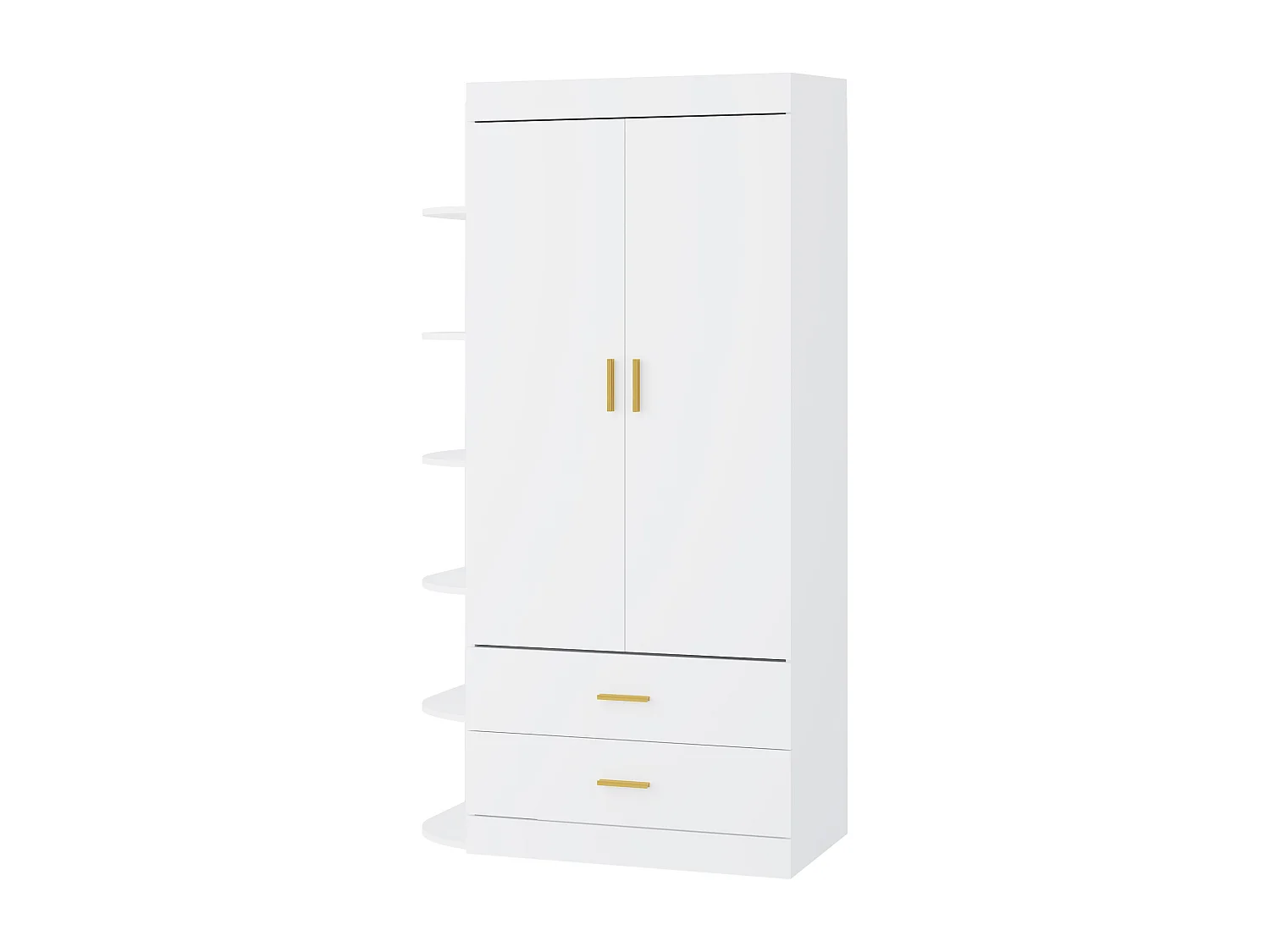 Armoire 2 portes 2 tiroirs et 6 étagères - L100 cm - Blanc et doré - GRIMORI