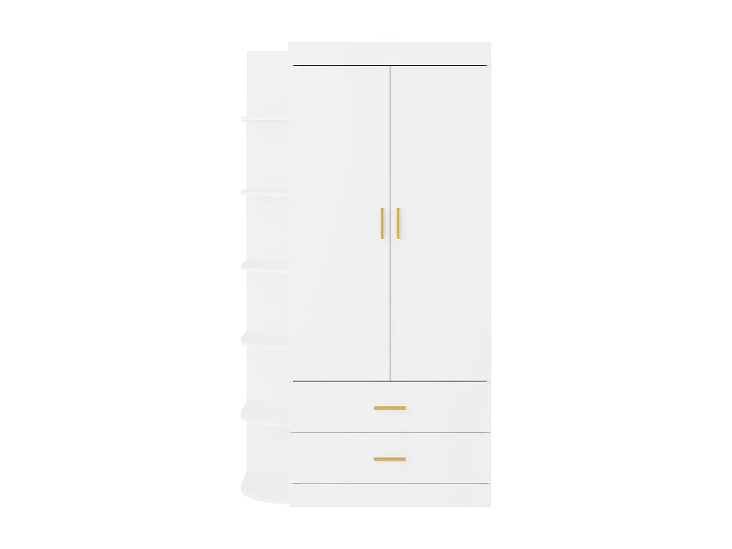 Armoire 2 portes 2 tiroirs et 6 étagères - L100 cm - Blanc et doré - GRIMORI