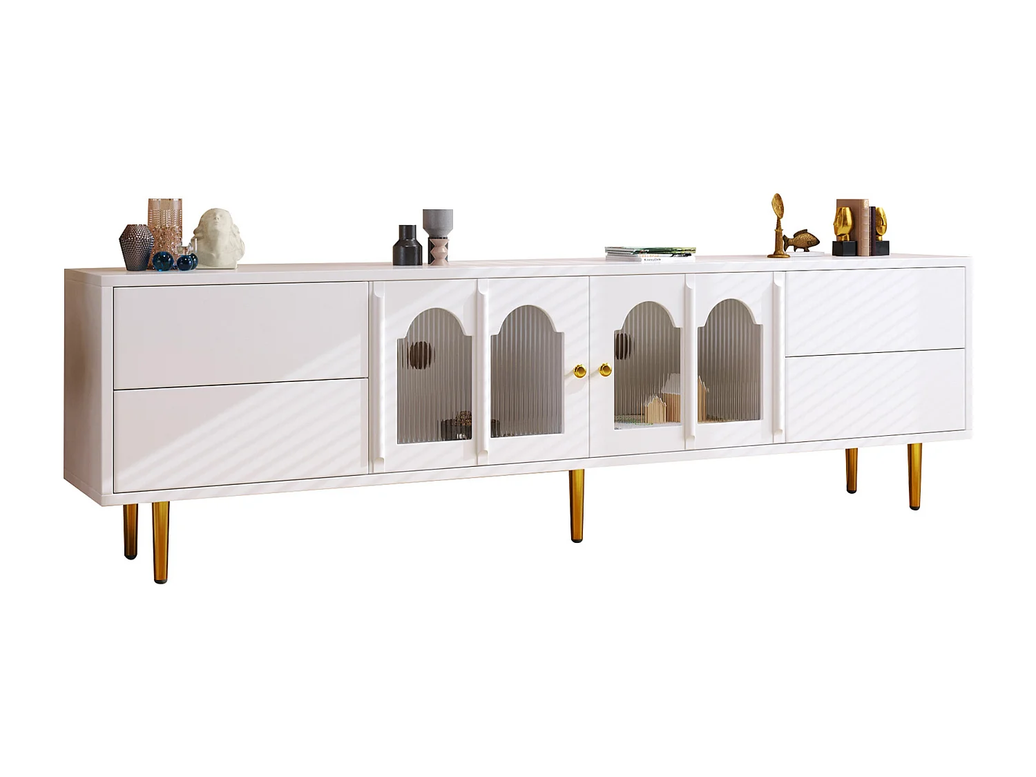 Mueble para TV con cajones, salón, puerta de cristal curvada, tiradores dorados, pies, blanco