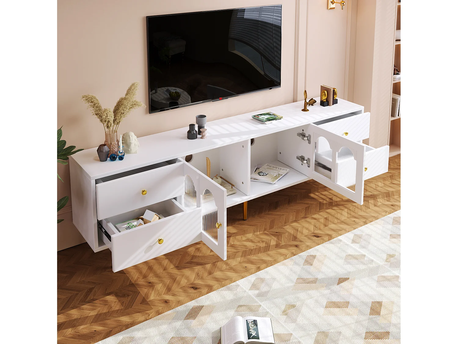 Mueble para TV con cajones, salón, puerta de cristal curvada, tiradores dorados, pies, blanco