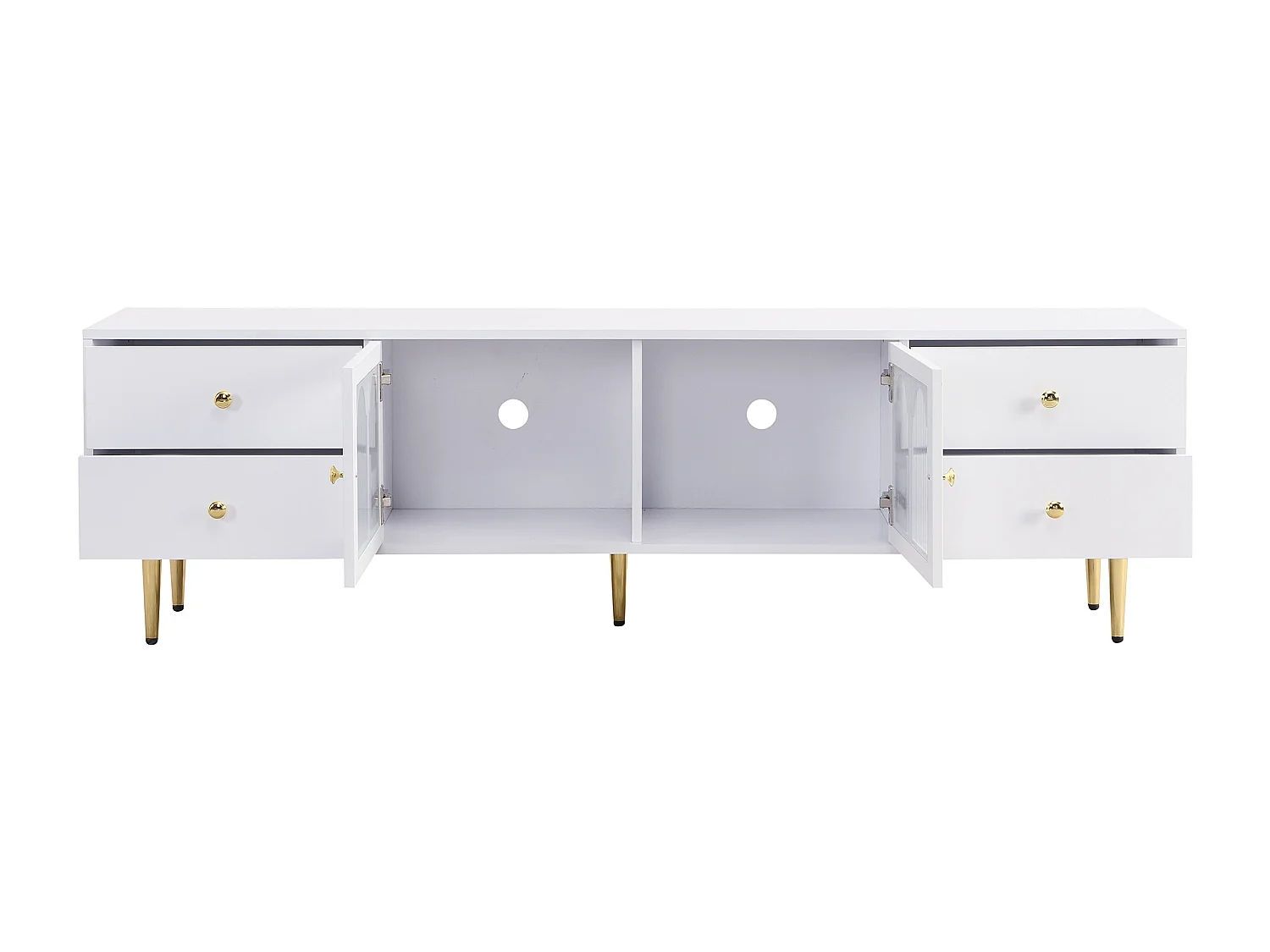 Mueble para TV con cajones, salón, puerta de cristal curvada, tiradores dorados, pies, blanco