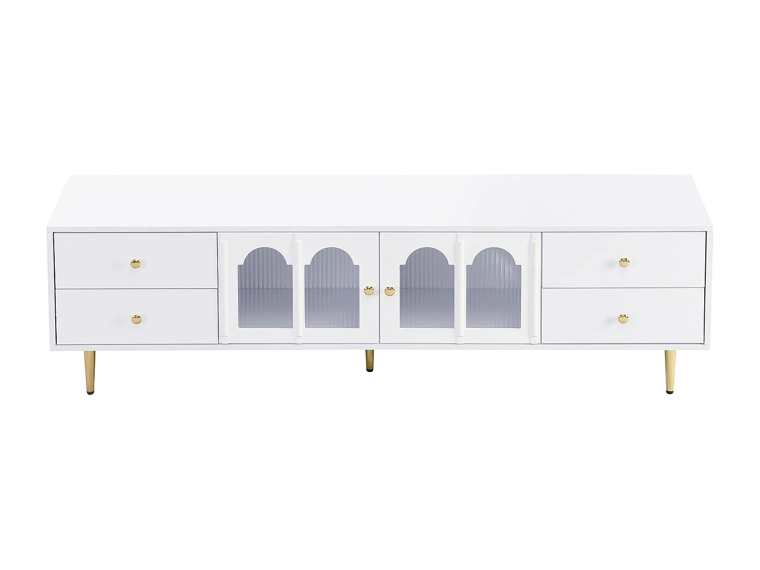 Mueble para TV con cajones, salón, puerta de cristal curvada, tiradores dorados, pies, blanco