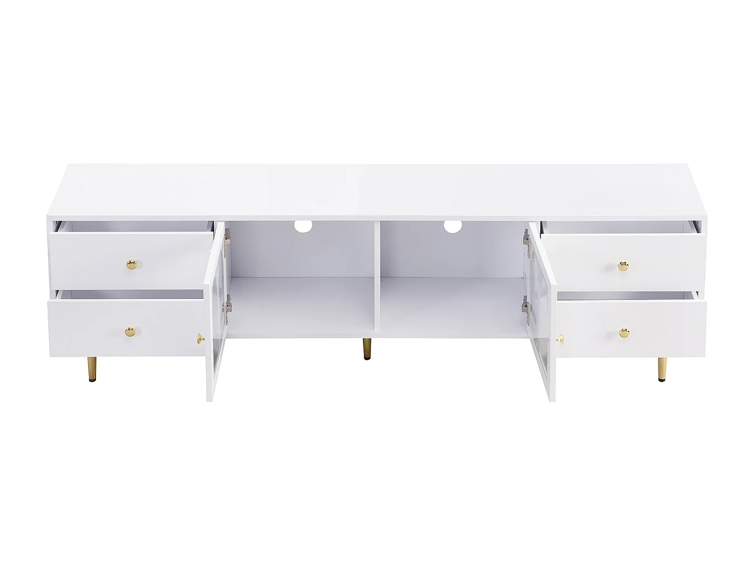 Mueble para TV con cajones, salón, puerta de cristal curvada, tiradores dorados, pies, blanco