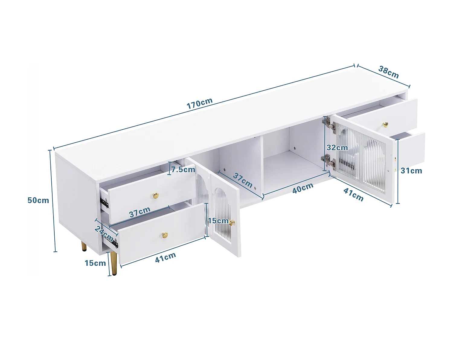 Mueble para TV con cajones, salón, puerta de cristal curvada, tiradores dorados, pies, blanco