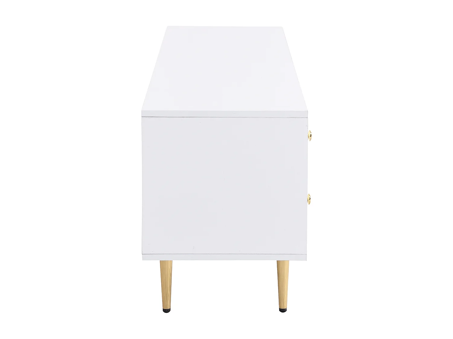 Mueble para TV con cajones, salón, puerta de cristal curvada, tiradores dorados, pies, blanco