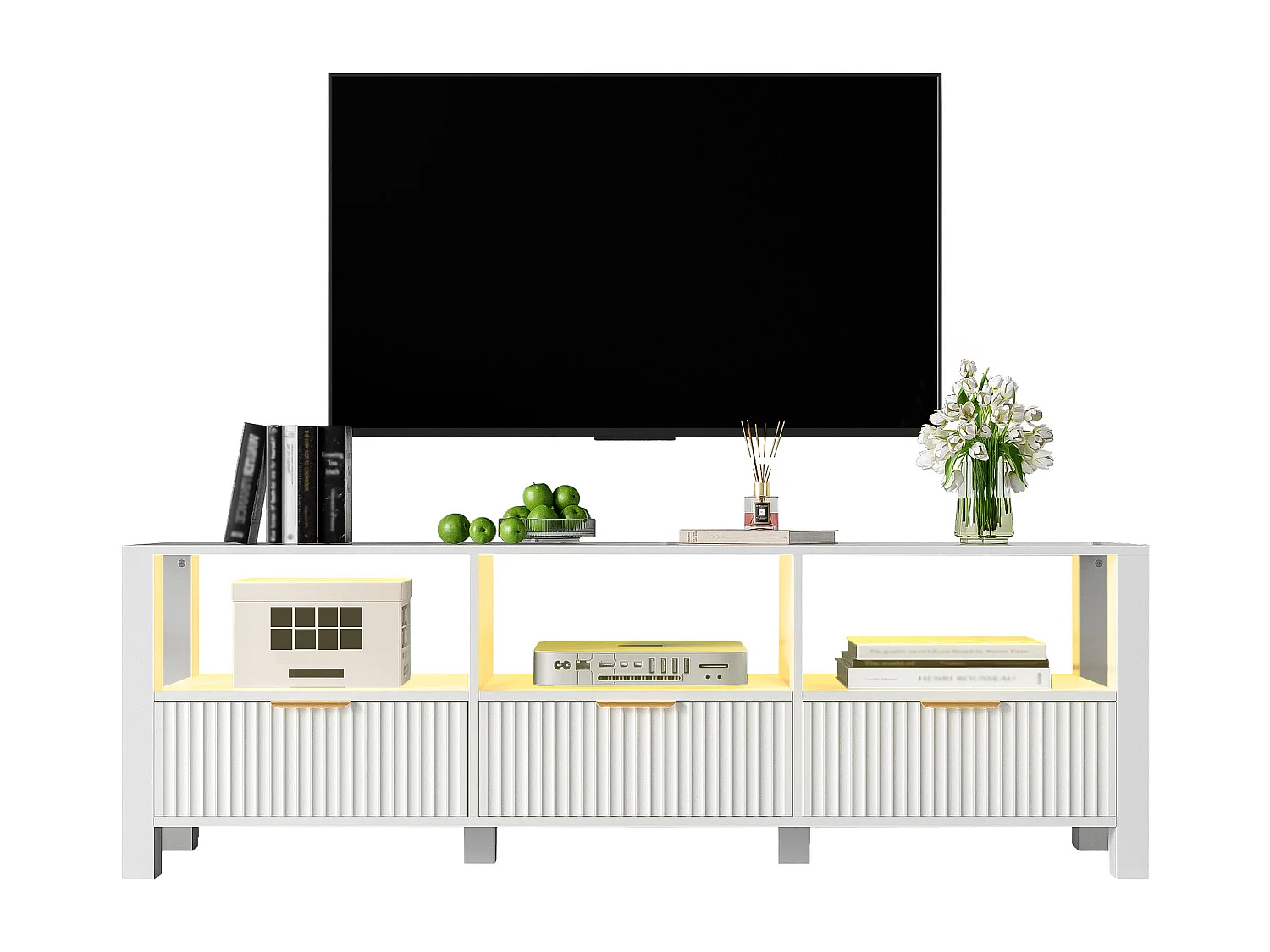 Meuble TV Moderne Blanc, 152,5 Cm, Design Simple Et Élégant, Blanc