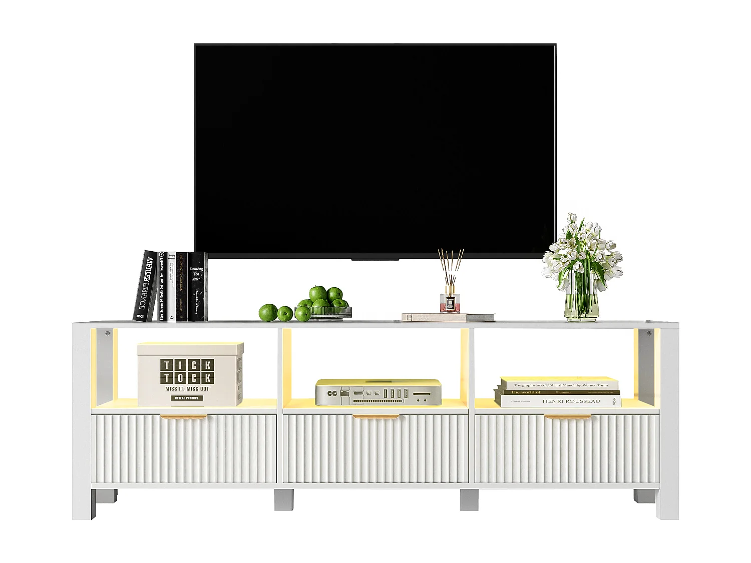 Meuble TV Moderne Blanc, 152,5 Cm, Design Simple Et Élégant, Blanc