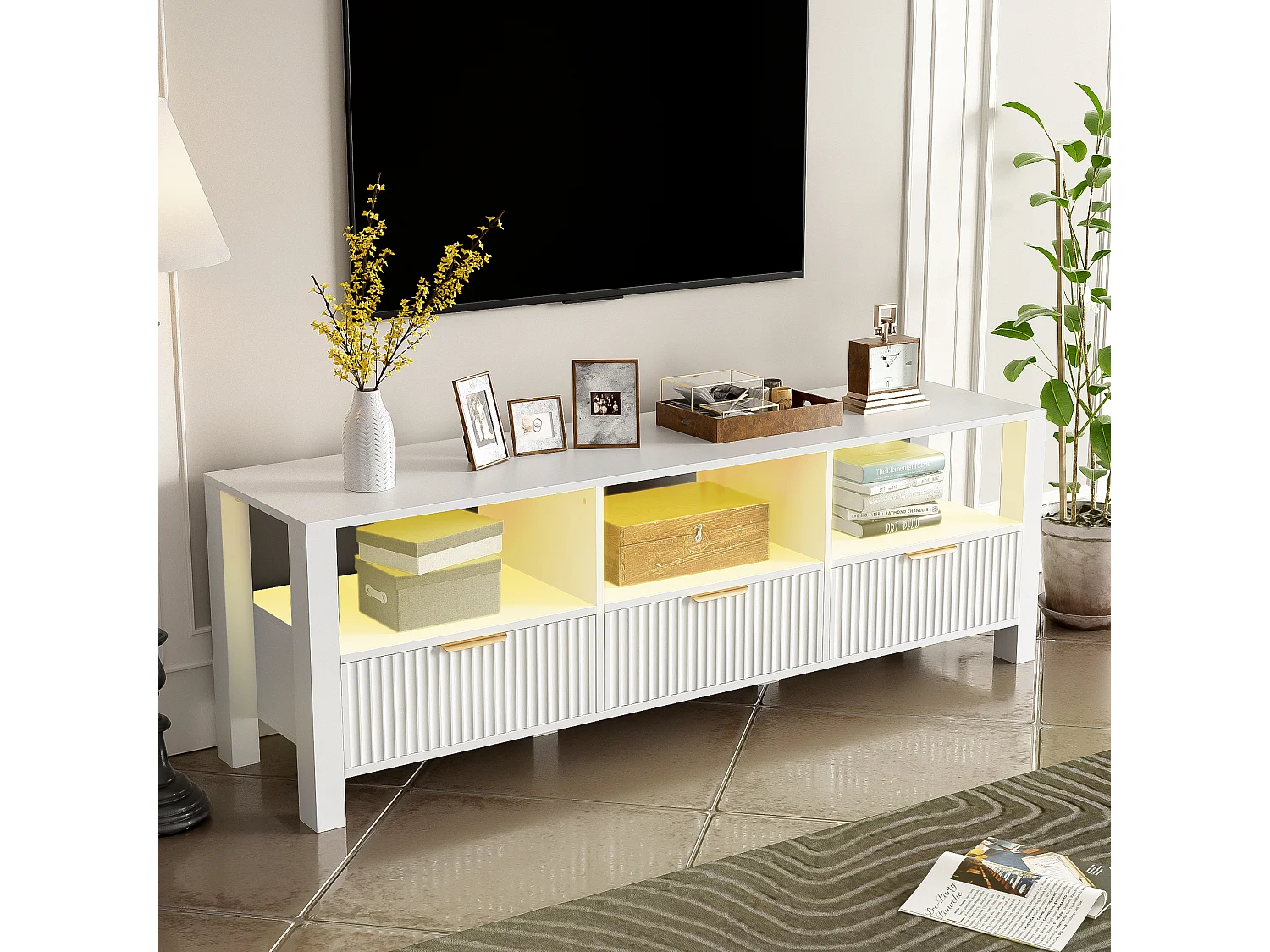 Meuble TV Moderne Blanc, 152,5 Cm, Design Simple Et Élégant, Blanc